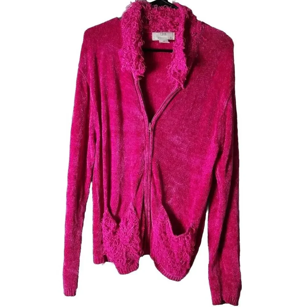 Lisa International Vintage Zip-Up Knit Sweatshirt Size‎ Large Hot Pink Chenille